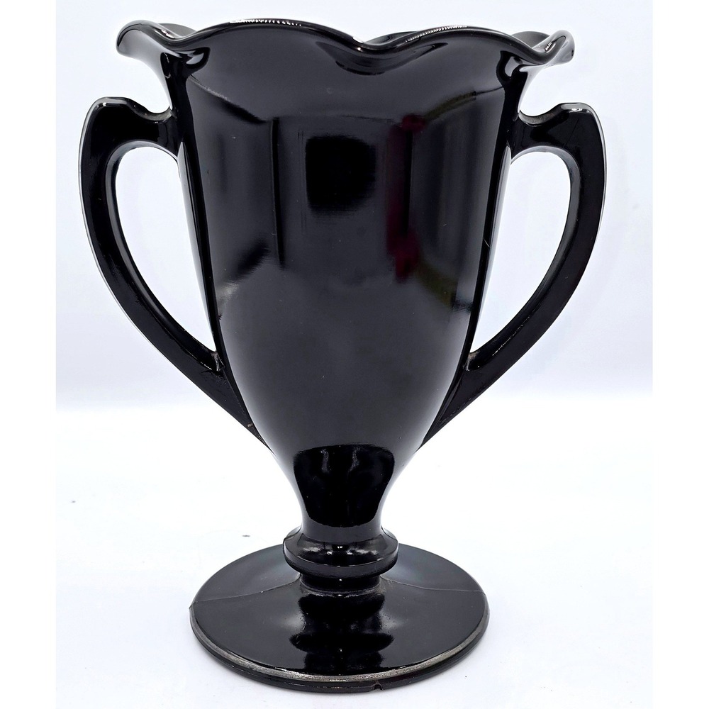 .LE. Smith Black Loving Cup S.S. RARE Floral Design Overlay Ruffled Rim Handles - Picture 4 of 12